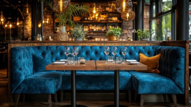 A luxurious dining experience is presented in an elegant restaurant setting